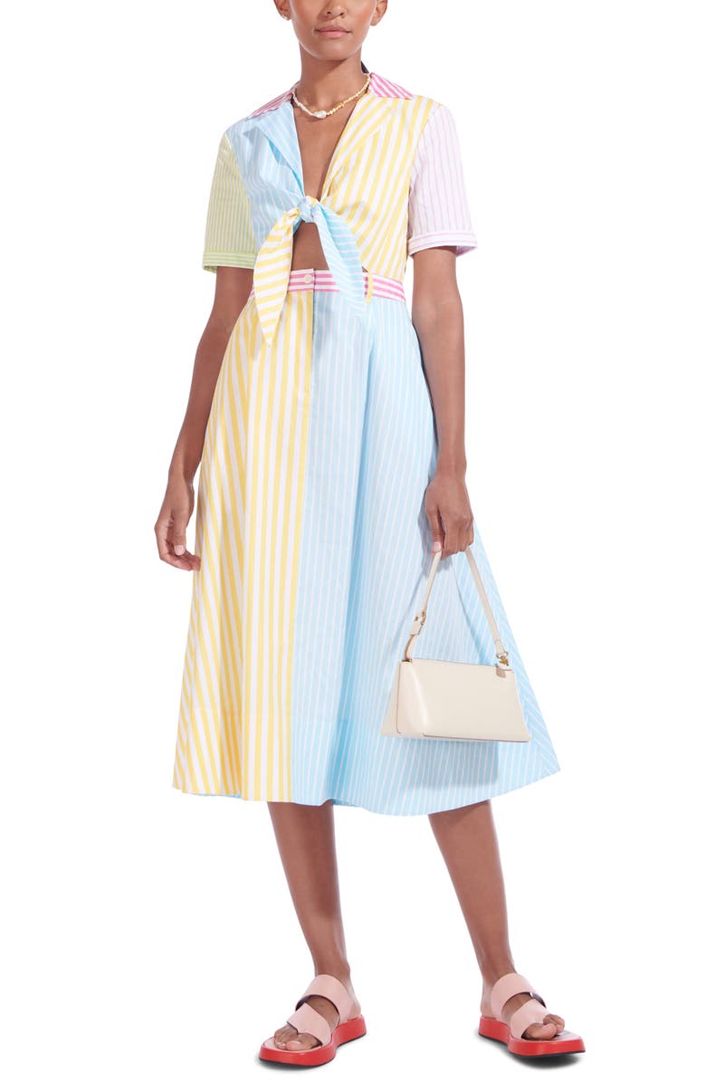STAUD Giorgiana Stripe Tie Front Cutout Midi Dress, Main, color,