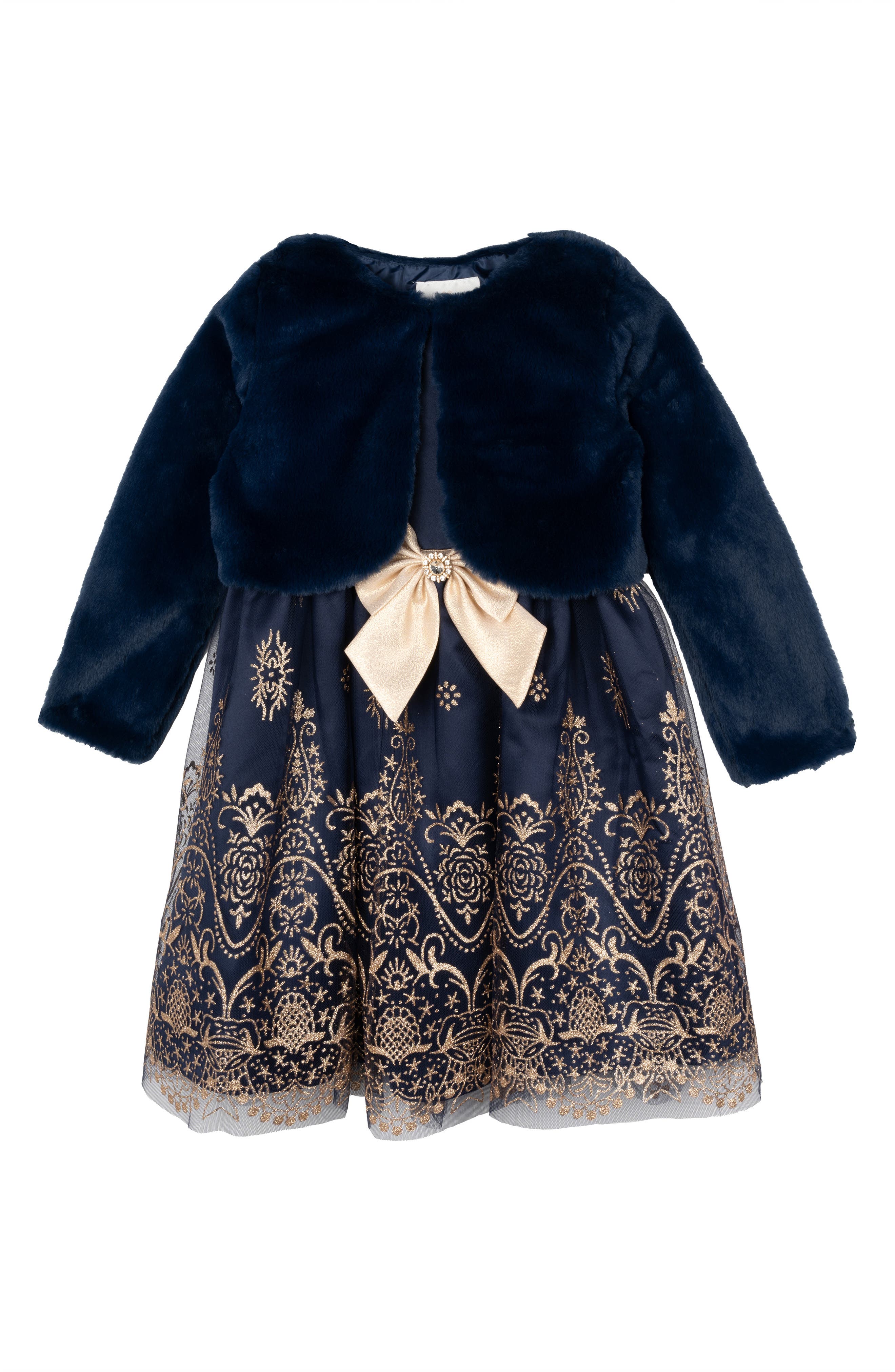 Rare Editions Kids' Glitter Satin Party Dress & Faux Fur Shrug Set