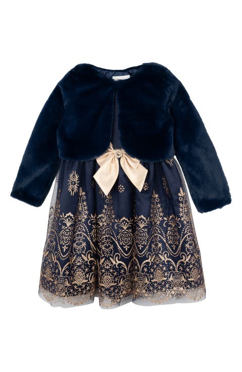 Kids' Glitter Satin Party Dress & Faux Fur Shrug Set (Little Kid)