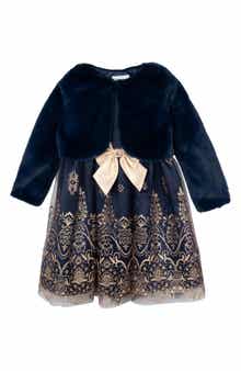 Rare Editions Kids' Glitter Satin Party Dress & Faux Fur Shrug Set