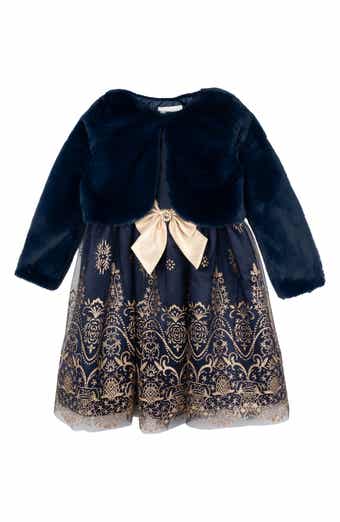 Rare Editions Kids' Glitter Satin Party Dress & Faux Fur Shrug Set