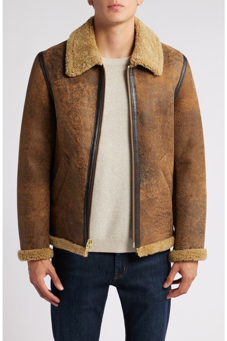 Genuine Shearling Collar Sheepskin Bomber Jacket, Main, color, BROWN