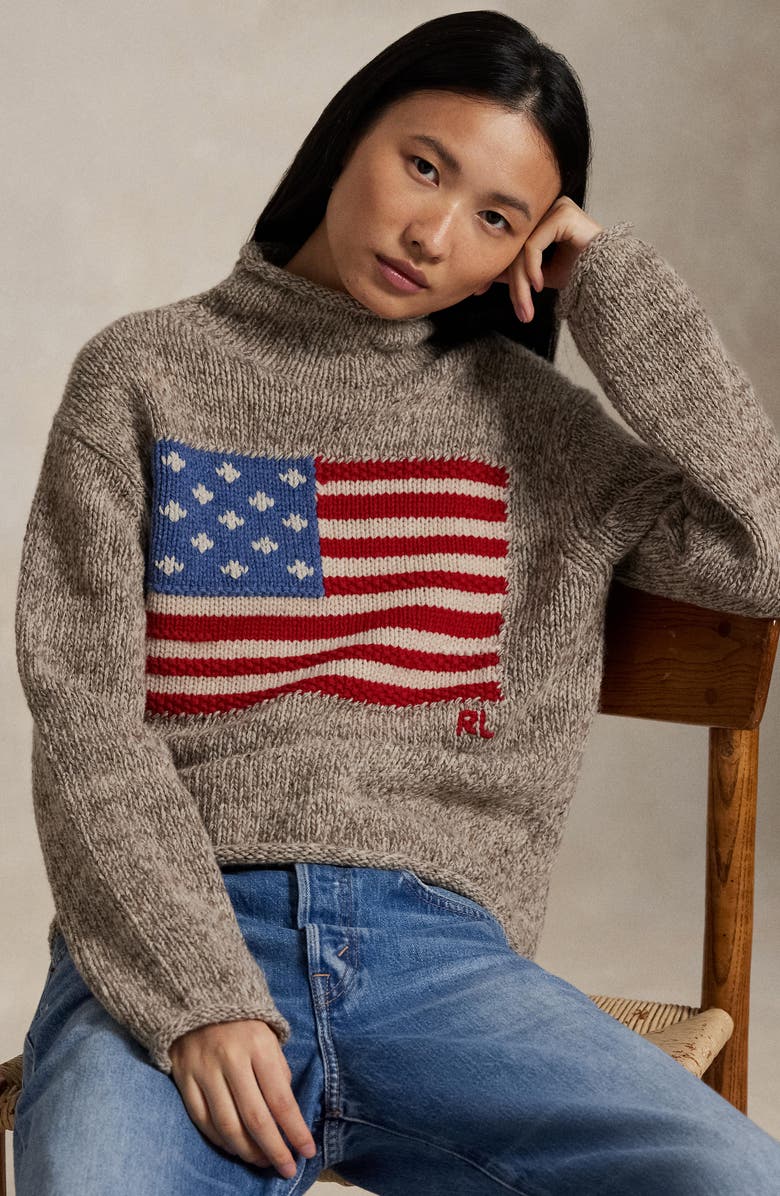 Polo Ralph Lauren Intarsia Flag Mock Neck Wool Blend Sweater, Alternate, color, Natural Multi