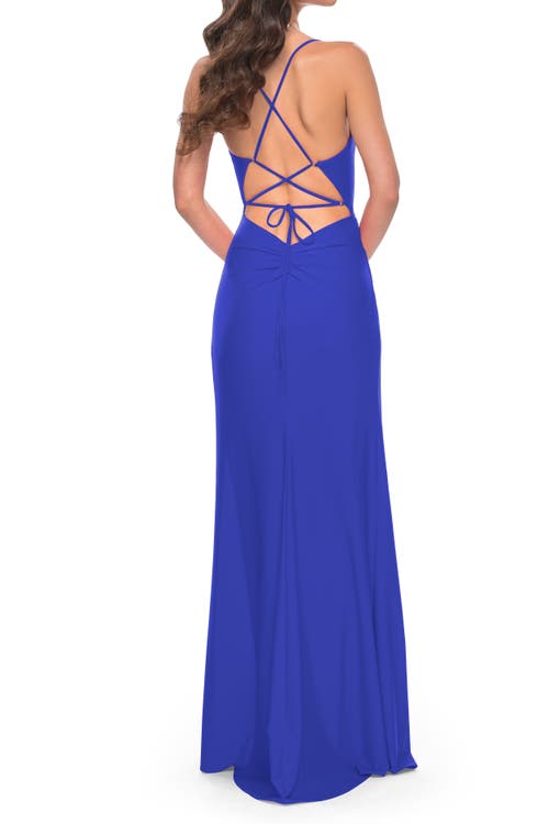 La Femme Net Jersey Ruched Prom Dress With Illusion Bodice In Royal Blue