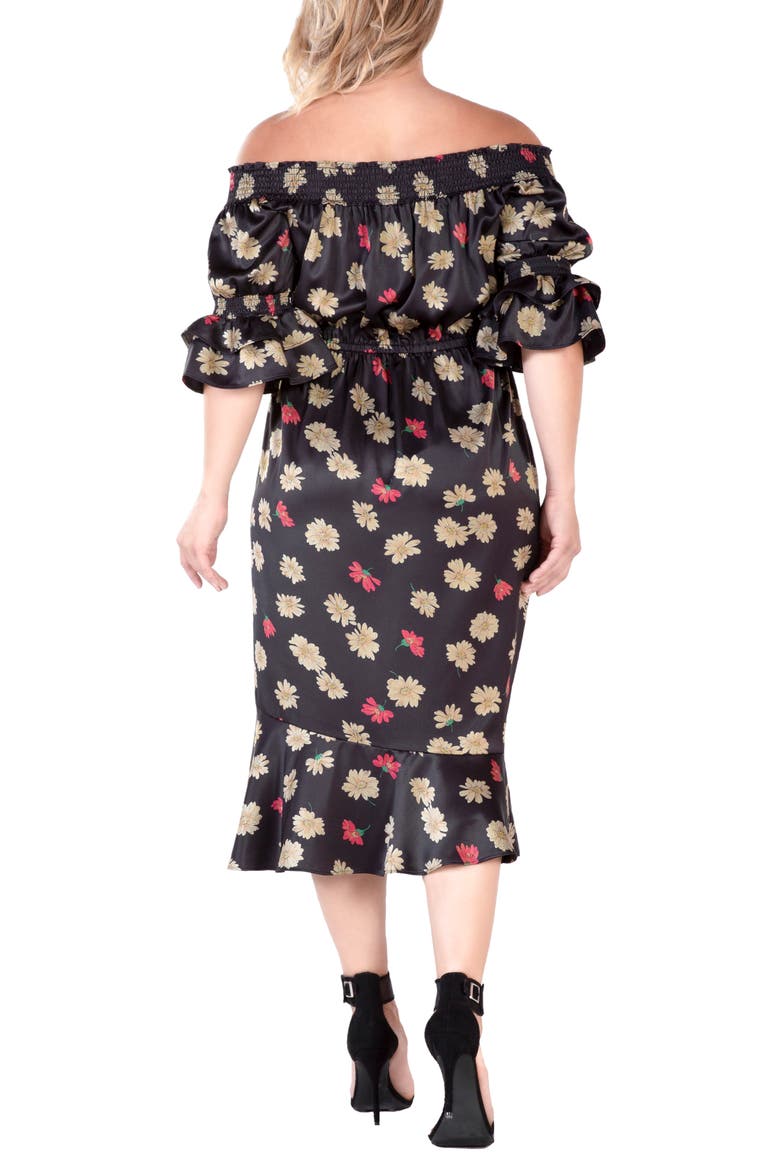 Floral Off the Shoulder Midi Dress, Alternate, color, BLACK SPARKLER
