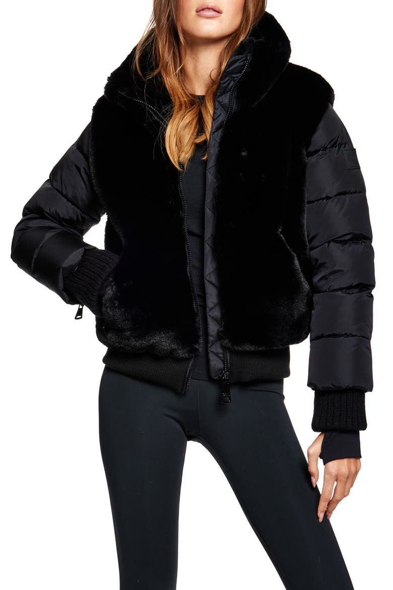 Carlie Faux Fur Quilted Down Puffer Jacket, Main, color, BLACK/ BLACK