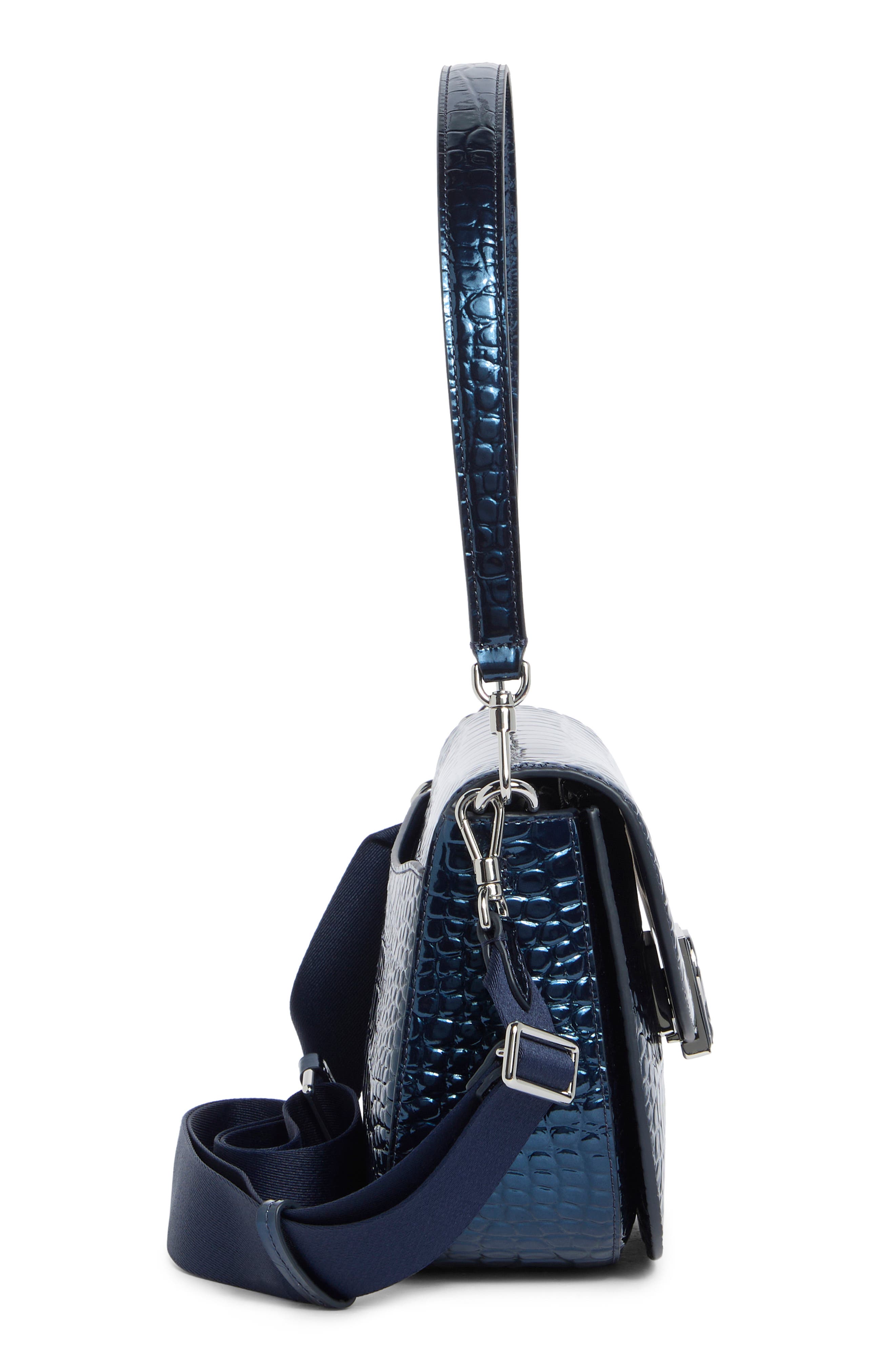 medium croc embossed leather saddle bag, Alternate, color, NAVY