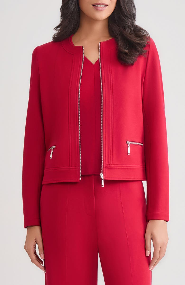 Misook Front Zip Ponte Jacket, Main, color, Scarlet Red