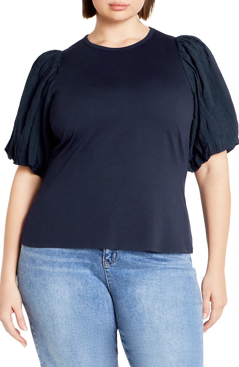 City Chic Kiki Puff Sleeve Mixed Media Top, Main, color, Navy