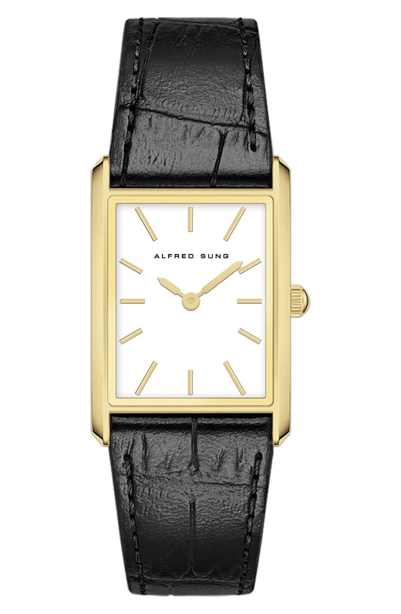 Alfred Sung Horizon Rectangular Croc Embossed Leather Strap Watch, 37mm x 45mm, Main, color, Black Strap/White Dial