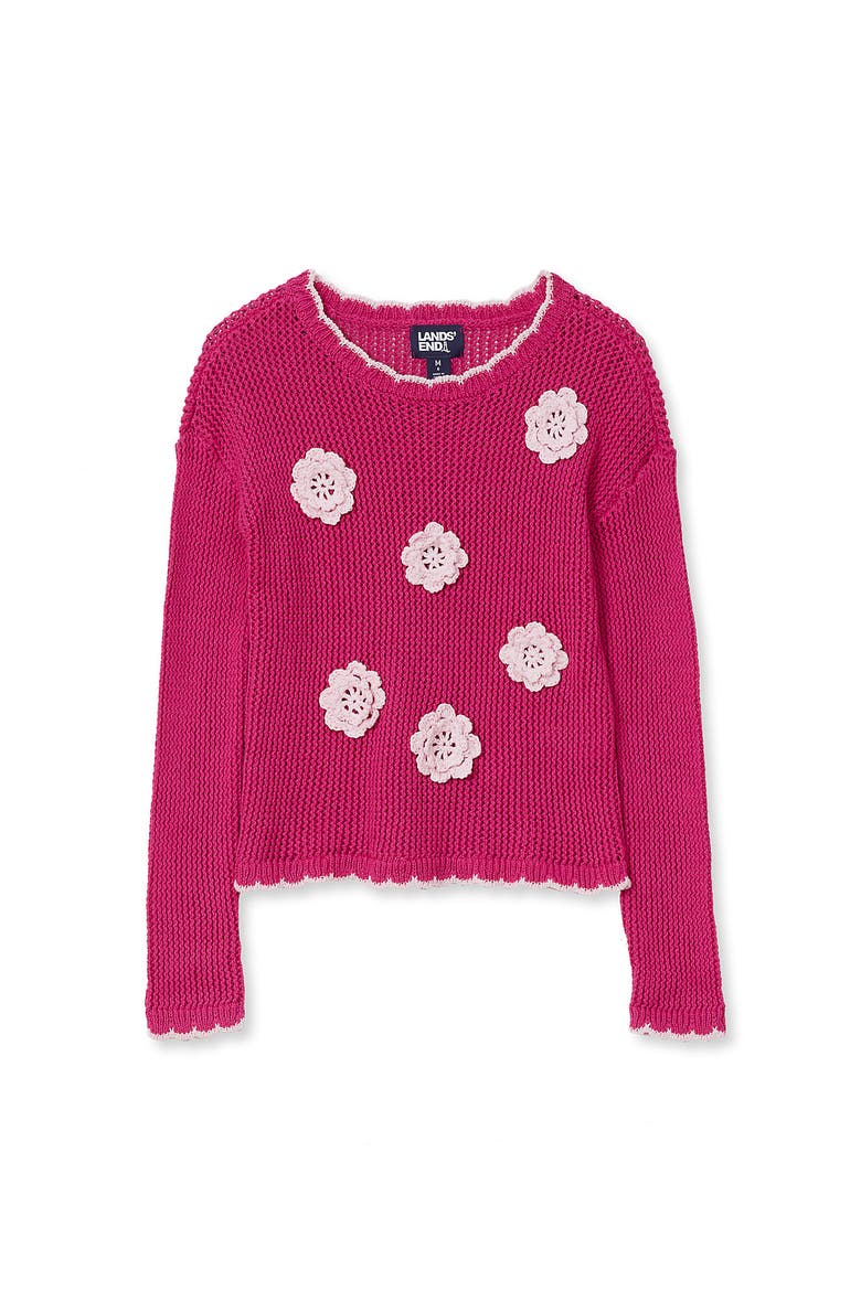 Girls Long Sleeve Crochet Rosette Sweater, Main, color, Flowers/Rose Violet