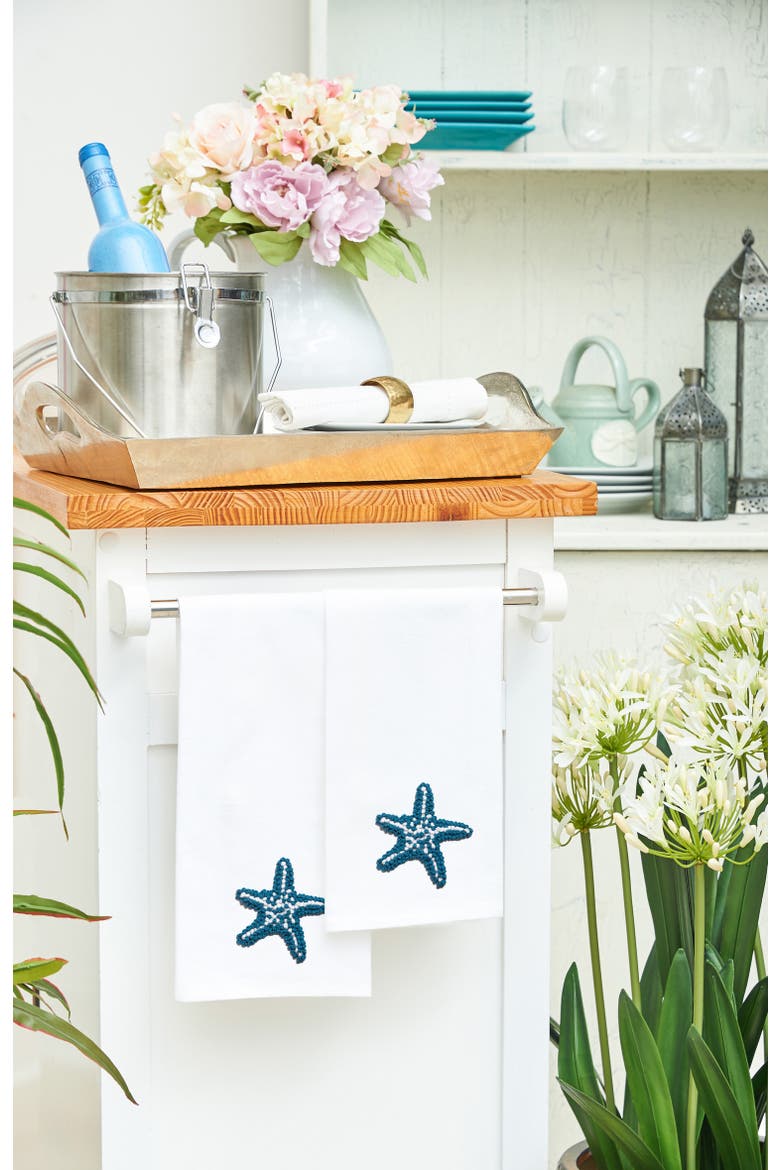 Starfish Flour Sack French Knot Cotton Kitchen Towel, Alternate, color, White