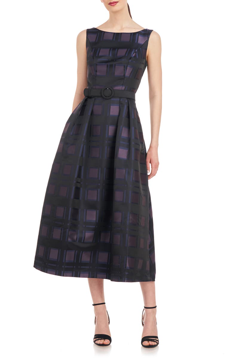 Kay Unger Isla Plaid Pleated Belted Cocktail Dress, Main, color, Black/ Night Blue