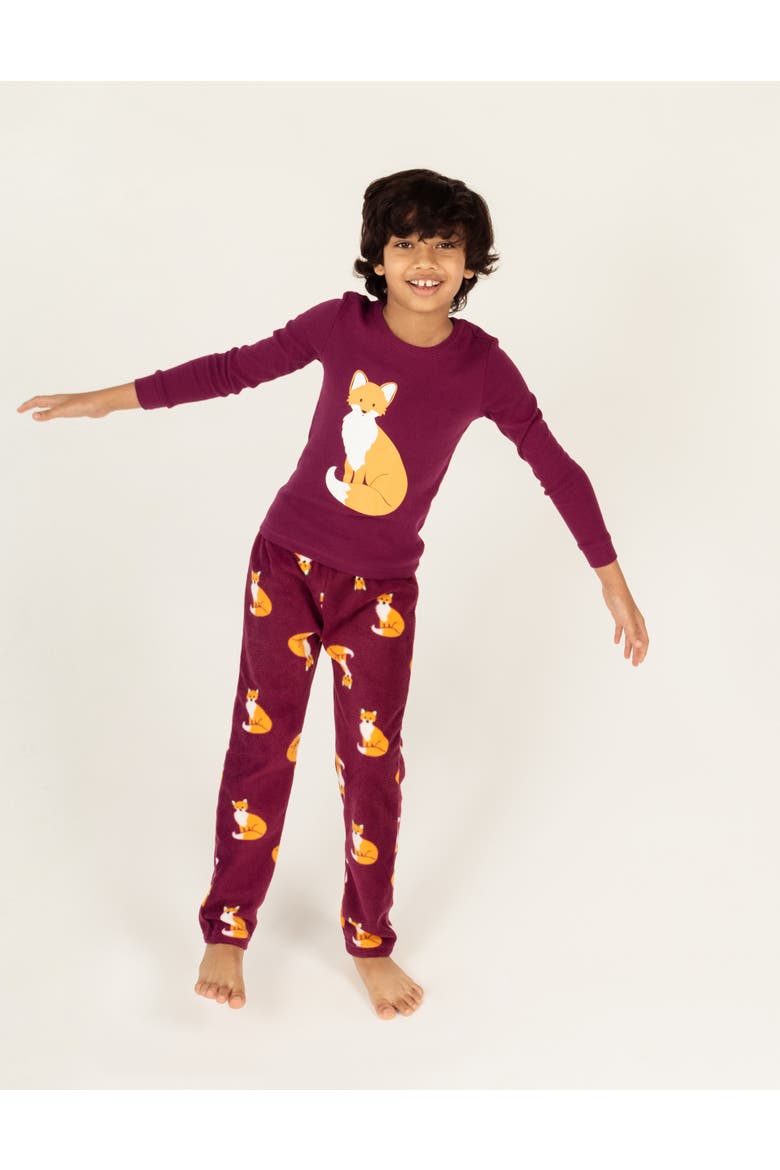 2-pc. Cotton Top & Fleece Pants Holiday Pajama Set, Alternate, color, Fox Maroon