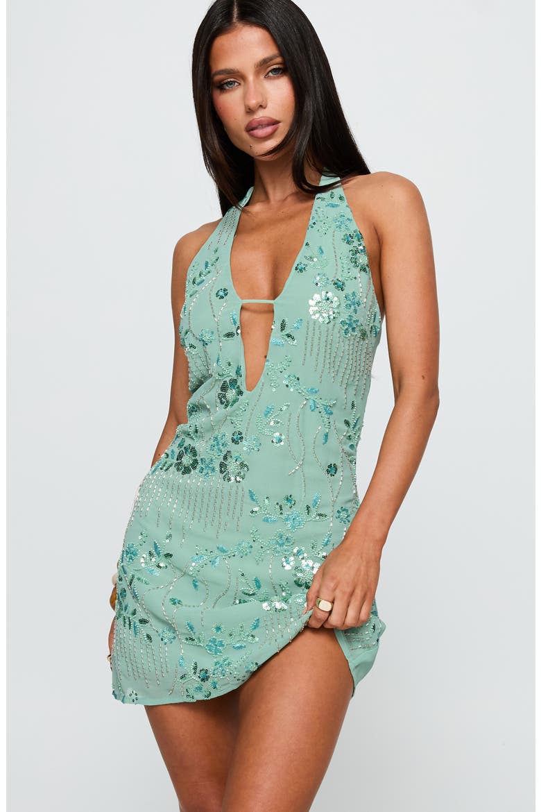 Telenova Embellished Halter Minidress, Alternate, color, GREEN