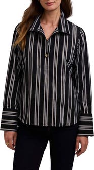 Foxcroft Catalina Stripe Cotton Blend Popover Top