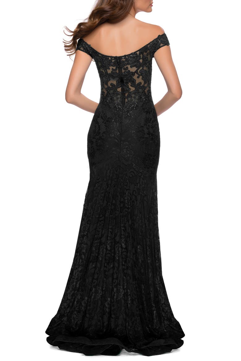 Off the Shoulder Stretch Sparkle Lace Mermaid Gown, Alternate, color, BLACK