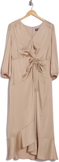 Three-Quarter Sleeve Faux Wrap Midi Dress