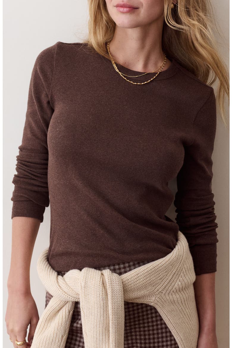 Mini Rib Long Sleeve Crewneck T-Shirt, Main, color, CHOCOLATE