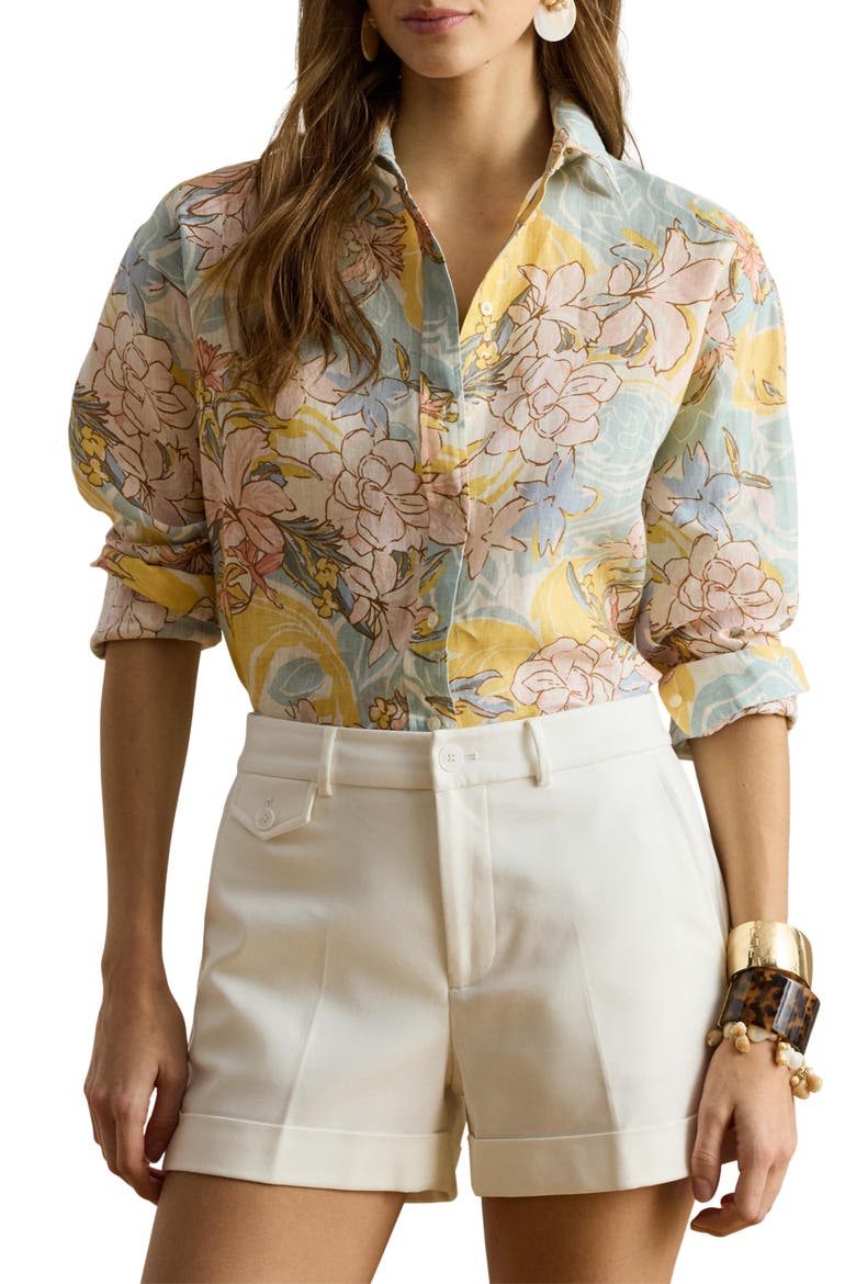 Floral Print Linen Shirt, Main, color, CREAM/ BLUE MULTI