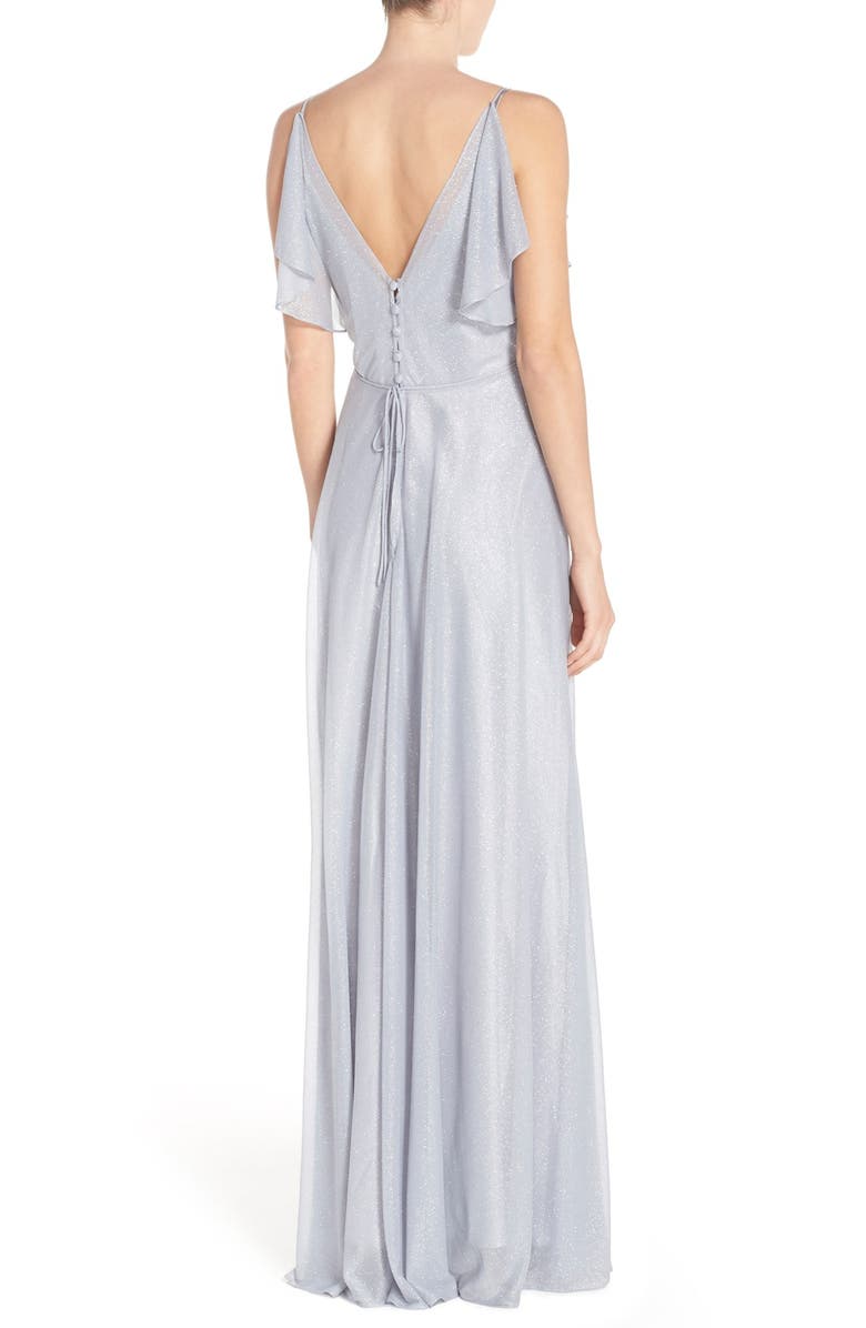 Jenny Yoo Cassie V-Neck Flutter Sleeve Shimmer Gown, Alternate, color, 