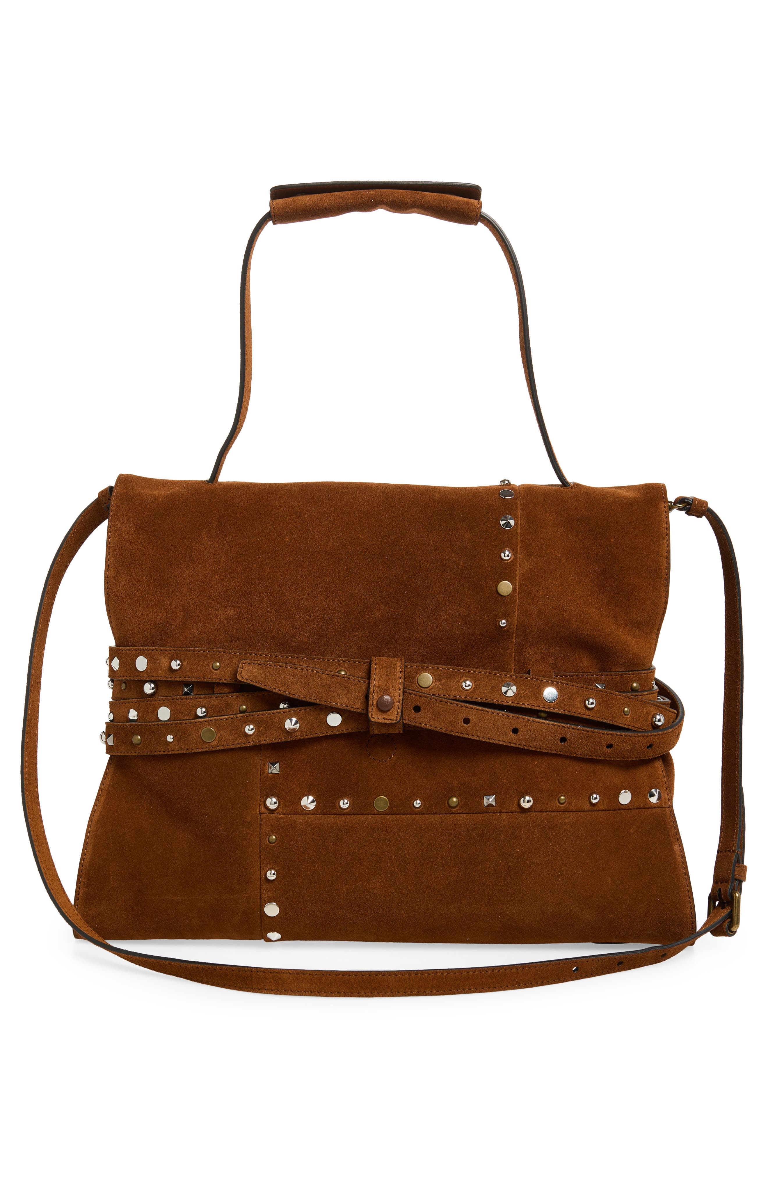 Moschino Tie Me Studded Suede Shoulder Bag, Alternate, color, Brown