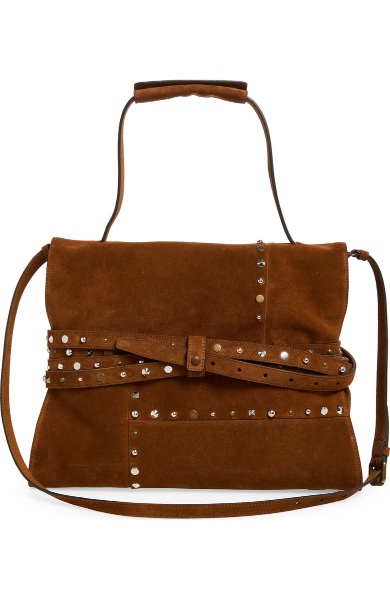 Moschino Tie Me Studded Suede Shoulder Bag, Alternate, color, Brown