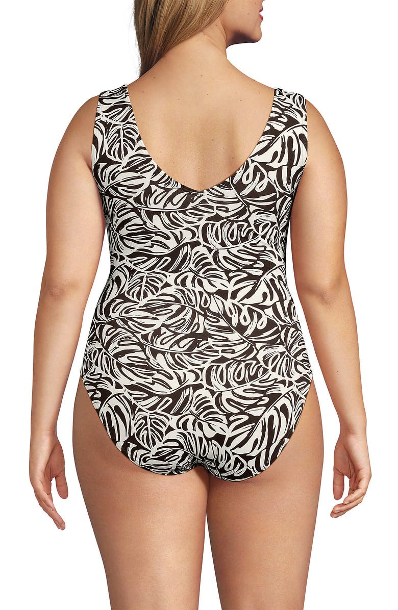 Lands' End Sculpting Suit Sweetheart V-Wire High Leg One Piece Swimsuit, Alternate, color, Brown Mini Tropic Leaves