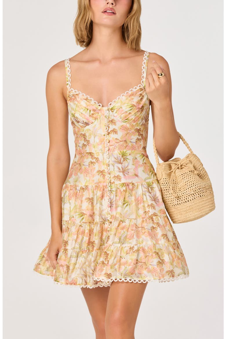 Tazia Leaf Print Scallop Trim Minidress, Alternate, color, YELLOW PINK FLORAL