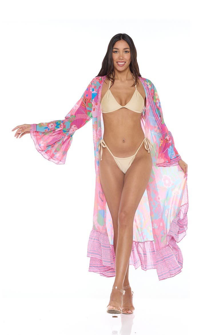 Floral Print Ruffle Woven Duster, Alternate, color, PINK