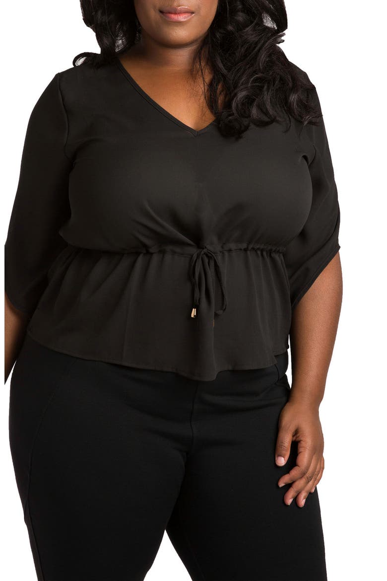 Maggie Drawstring Waist Chiffon Top, Main, color, BLACK