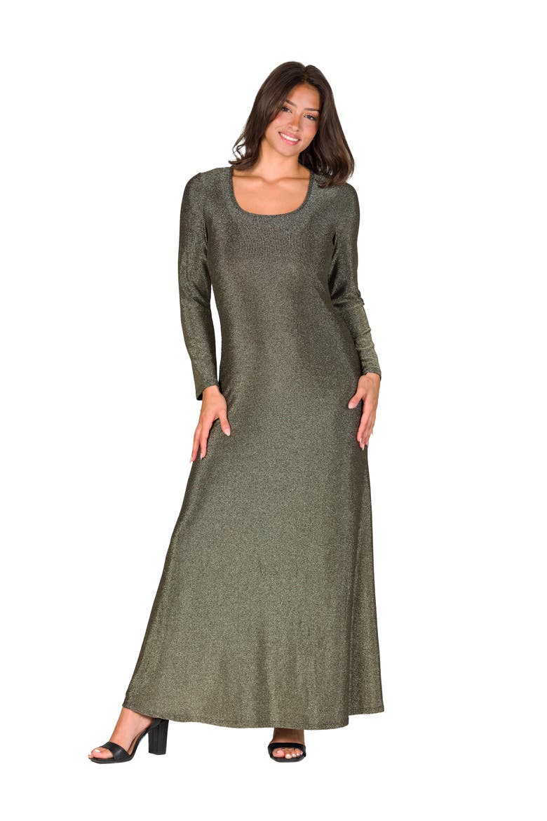 Long Sleeve Scoop Neck Shimmery Fabric Maxi Dress, Main, color, Gold