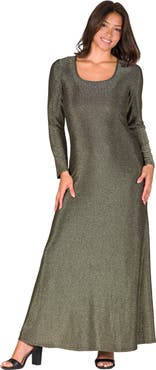 24seven Comfort Apparel Long Sleeve Scoop Neck Shimmery Fabric Maxi Dress