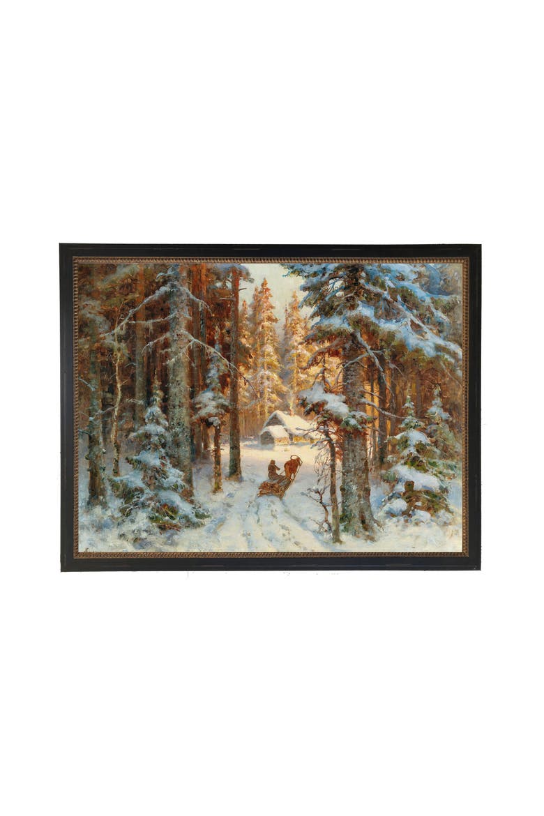 Vintage Oil Reproduction of a Snowy Winter Scene, Main, color, Brown
