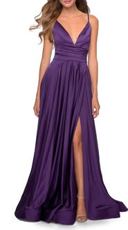 La Femme Long Satin Dress with Side Slit and V Shaped Back