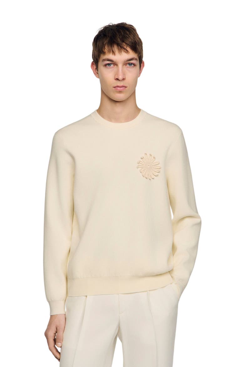 Crochet flower knit sweatshirt, Main, color, Ecru