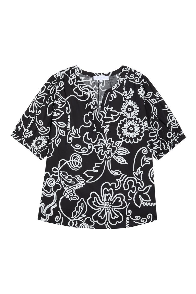 Haylie Floral Split Neck Cotton Top, Alternate, color, BLACK-WHITE-MULI