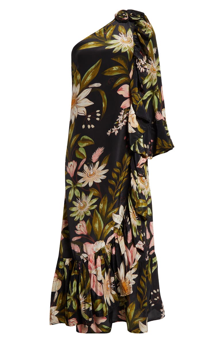 FARM Rio Surreal Flowers One-Shoulder Crêpe de Chine Midi Dress, Alternate, color, Surreal Flowers Blac