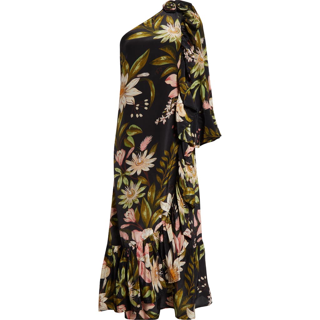 Shop Farm Rio Surreal Flowers One-shoulder Crêpe De Chine Midi Dress In Surreal Flowers Blac