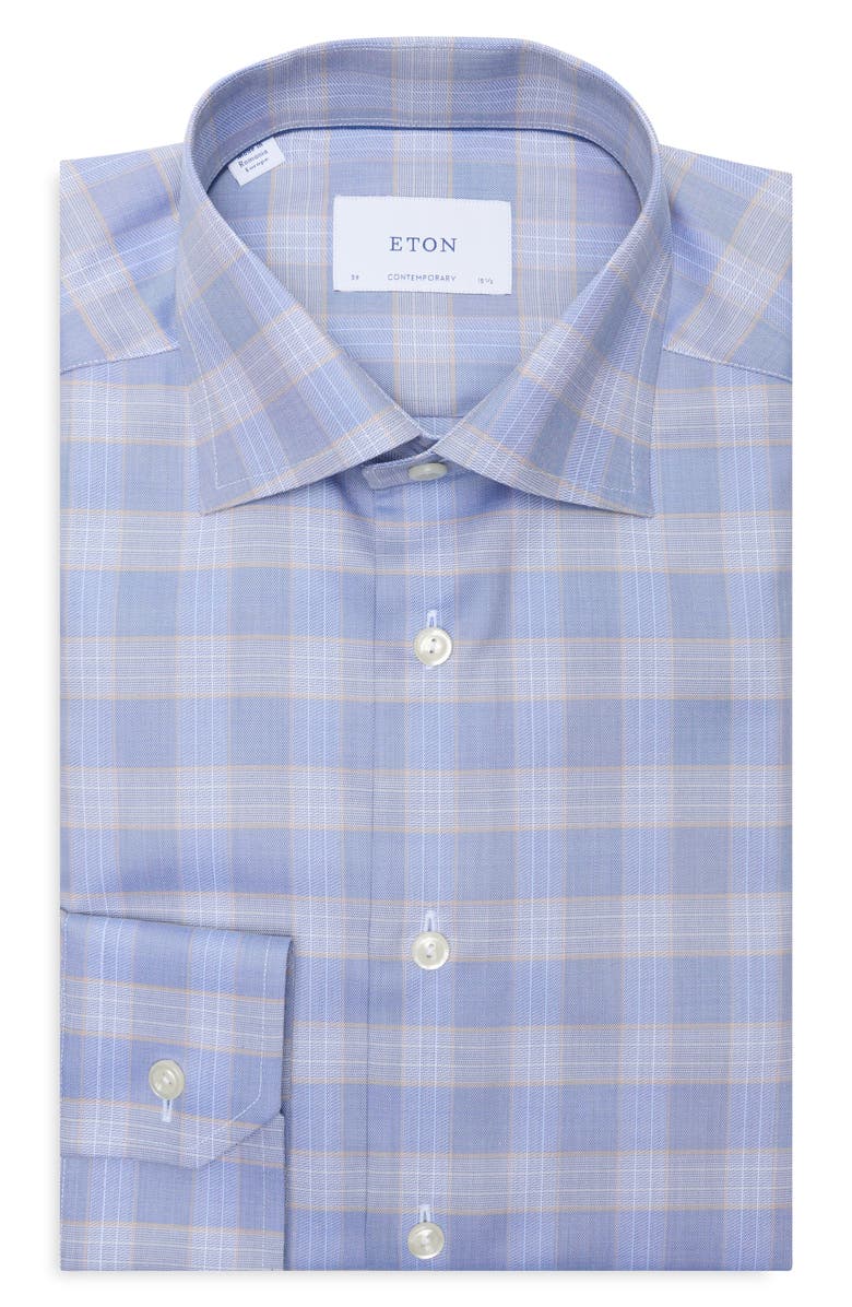 Eton Contemporary Fit Check Cotton Twill Dress Shirt, Main, color, Medium Blue
