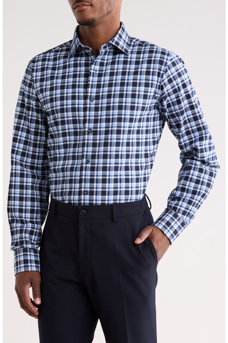 Trim Fit Plaid Flannel Dress Shirt, Main, color, NAVY