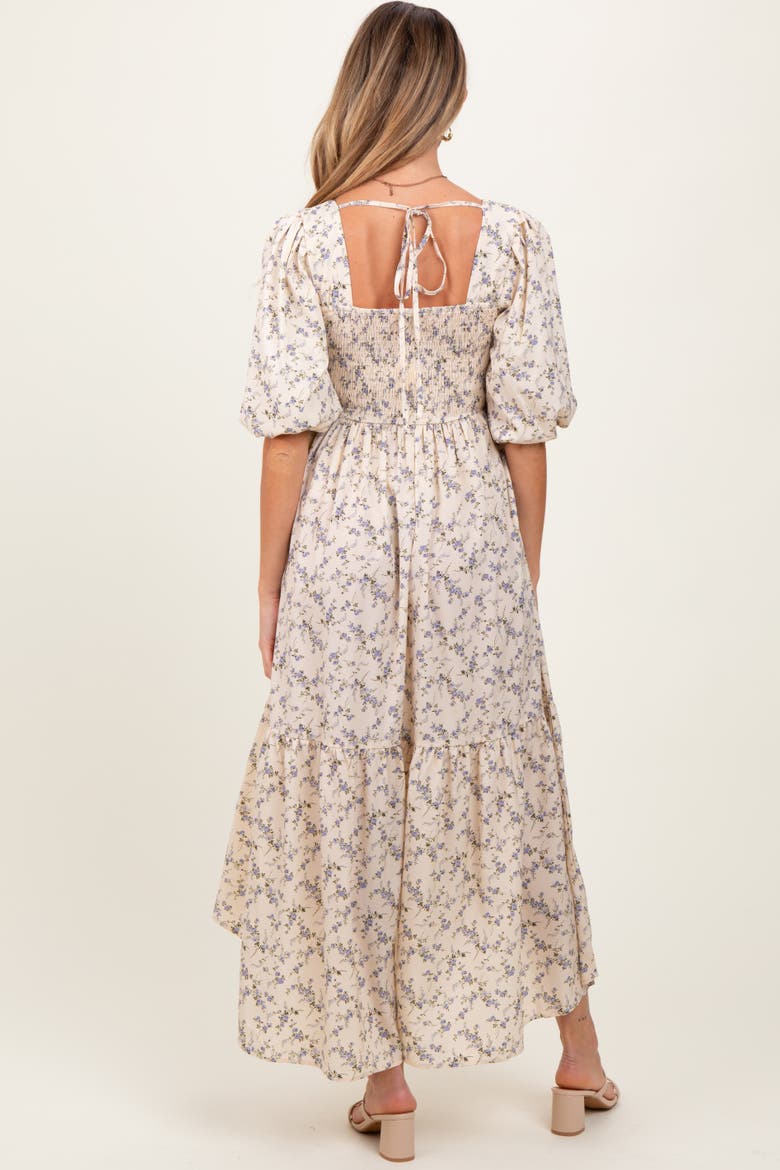 Floral Smocked Hi-Low Puff Sleeve Maxi Dress, Alternate, color, Ivory