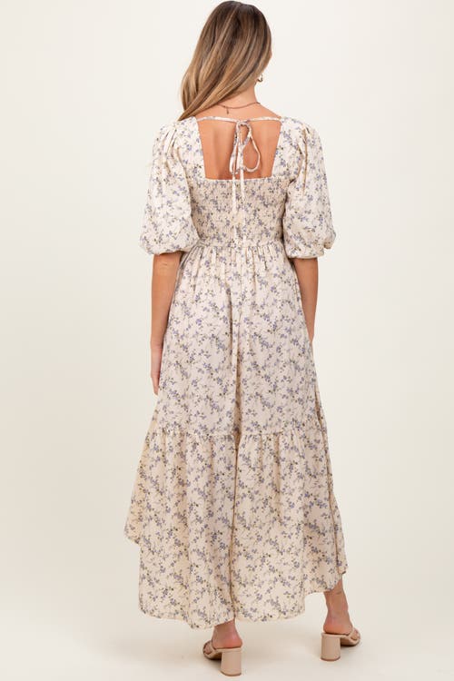 Pinkblush Floral Smocked Hi-low Puff Sleeve Maxi Dress In Neutral