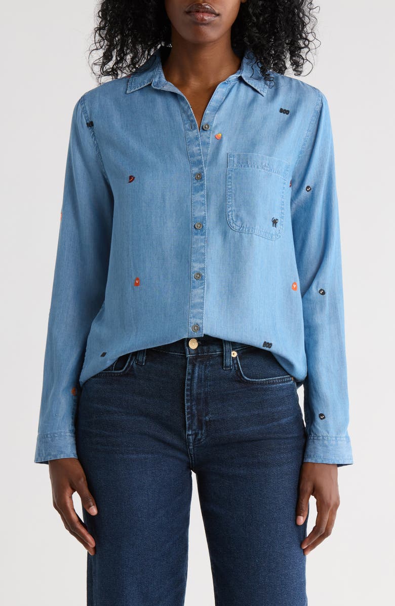 beachlunchlounge Kayden Embroidered Button-Up Shirt, Main, color, Cat Tricks