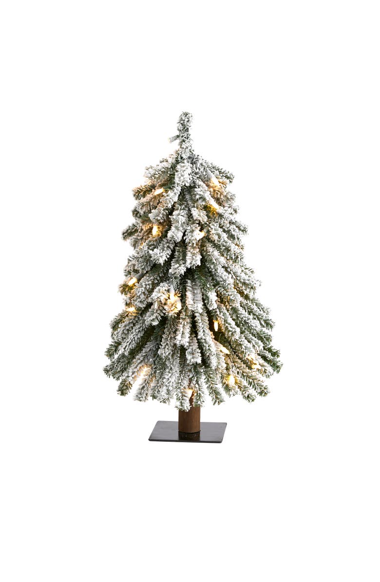 NEARLY NATURAL 2-ft Flocked Grand Alpine Artificial Christmas Tree with 35 Clear Lights and 111 Bendable Branches on Natural Trunk, Main, color, Green