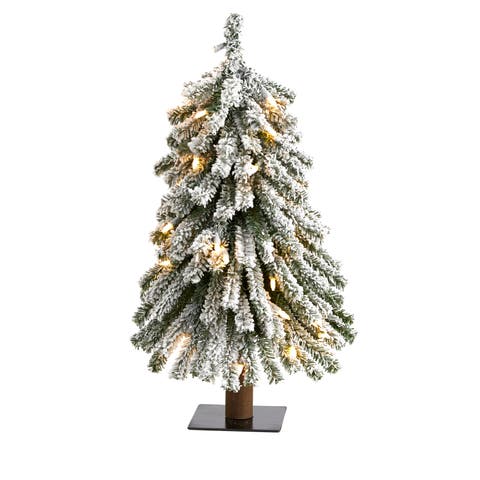 2-ft Flocked Grand Alpine Artificial Christmas Tree with 35 Clear Lights and 111 Bendable Branches on Natural Trunk