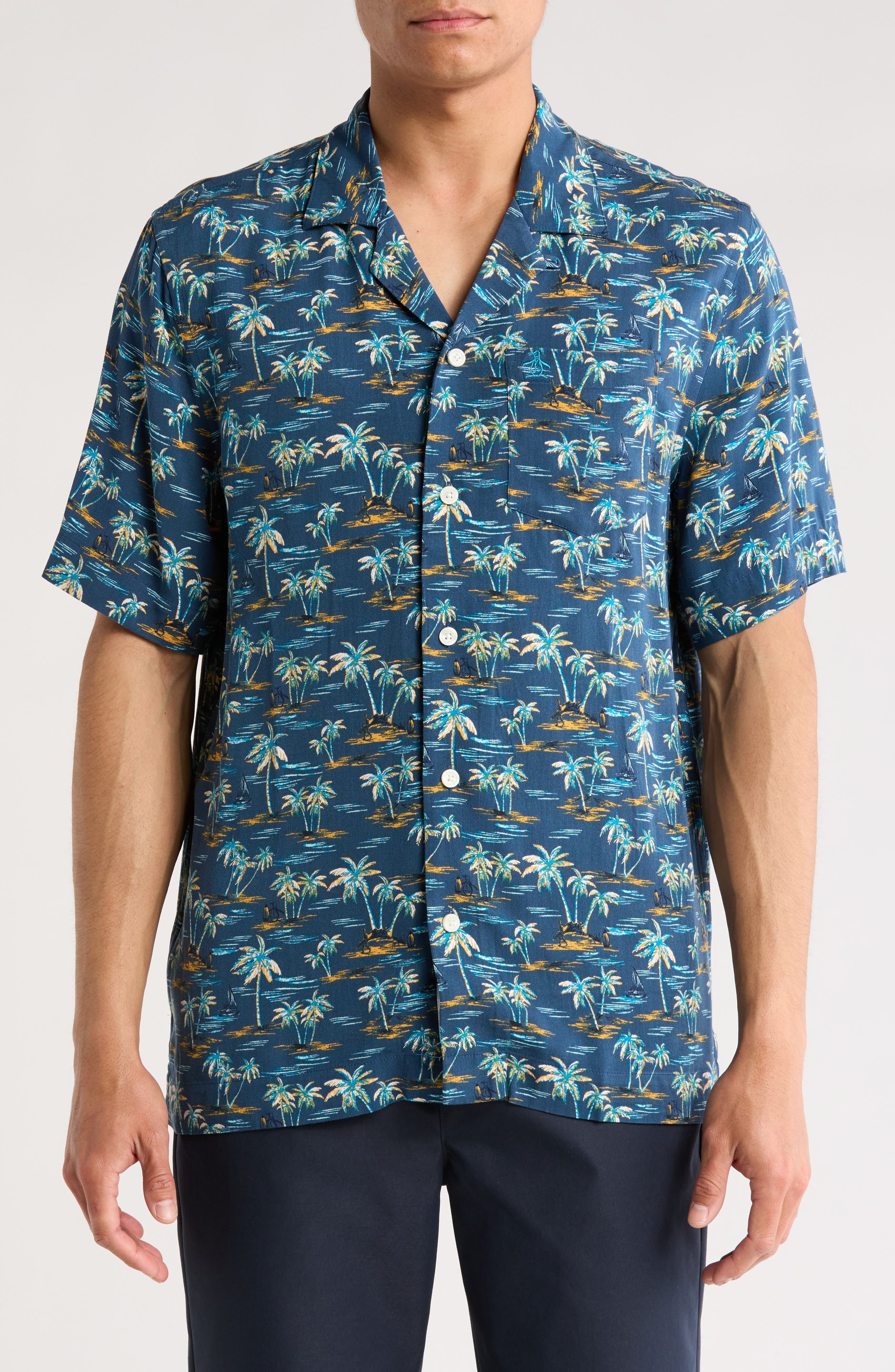 Original Penguin Beach Print Slim Fit Camp Shirt