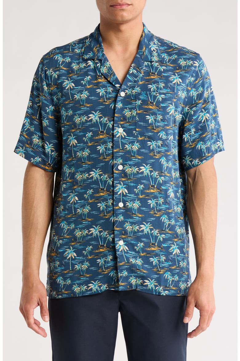 Beach Print Slim Fit Camp Shirt, Main, color, BLUE WING TEAL