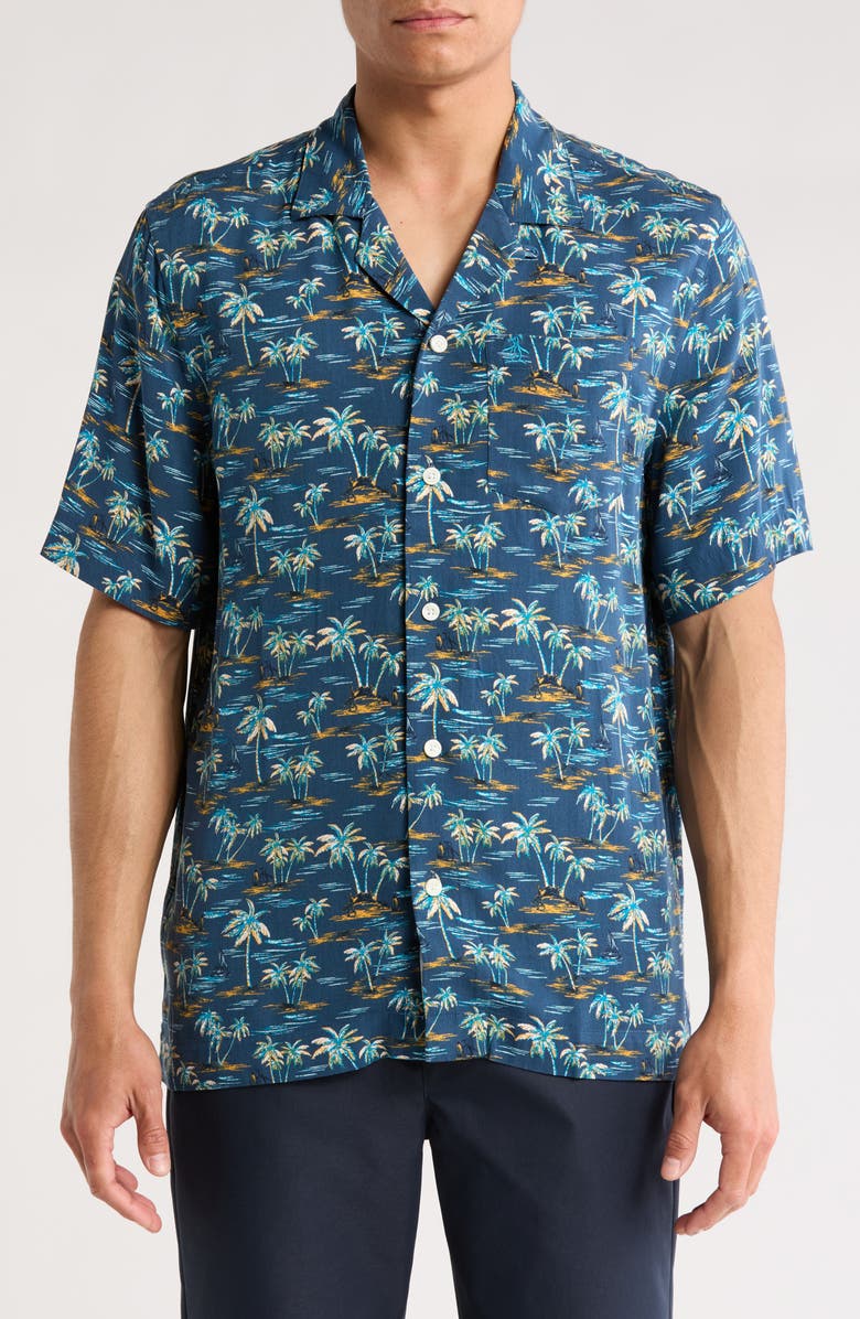 Original Penguin Beach Print Slim Fit Camp Shirt, Main, color, Blue Wing Teal