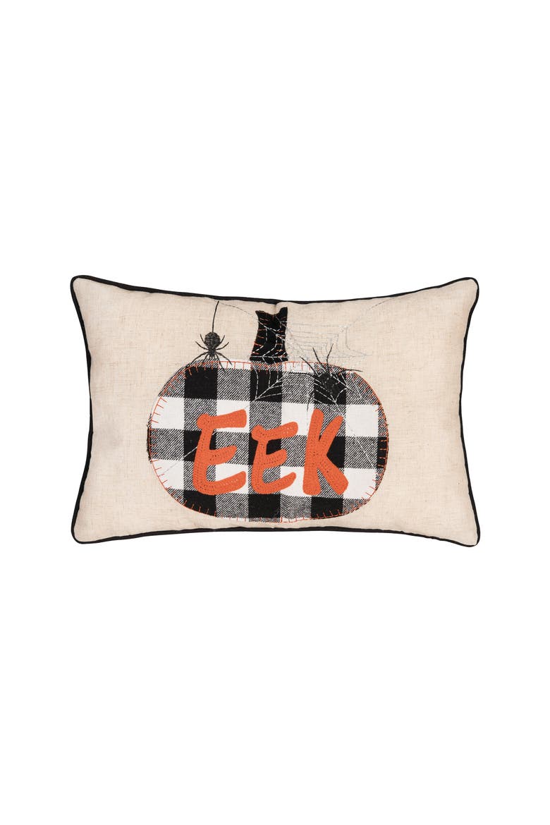 Franklin Plaid Black Pumpkin "Eek" Spider Web Halloween Linen Accent Pillow, 14" x 22", Main, color, Beige